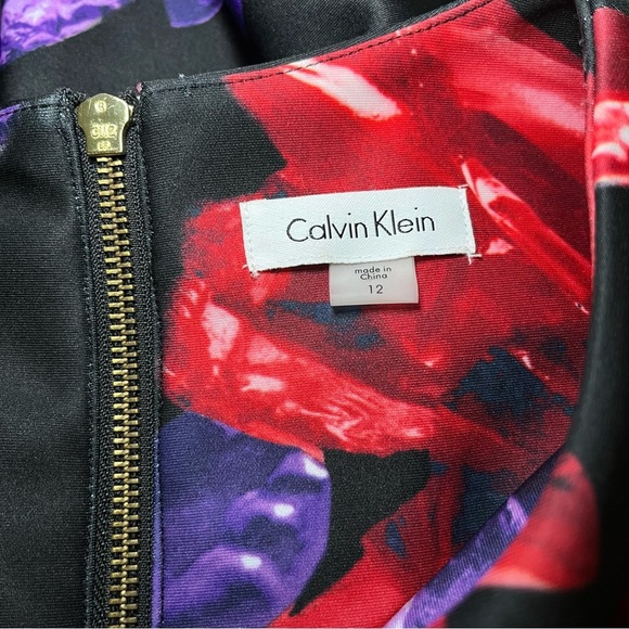 Calvin Klein Scuba Knit Black Floral Sheath Dress Career Wedding Guest Stretch - Picture 2 of 11